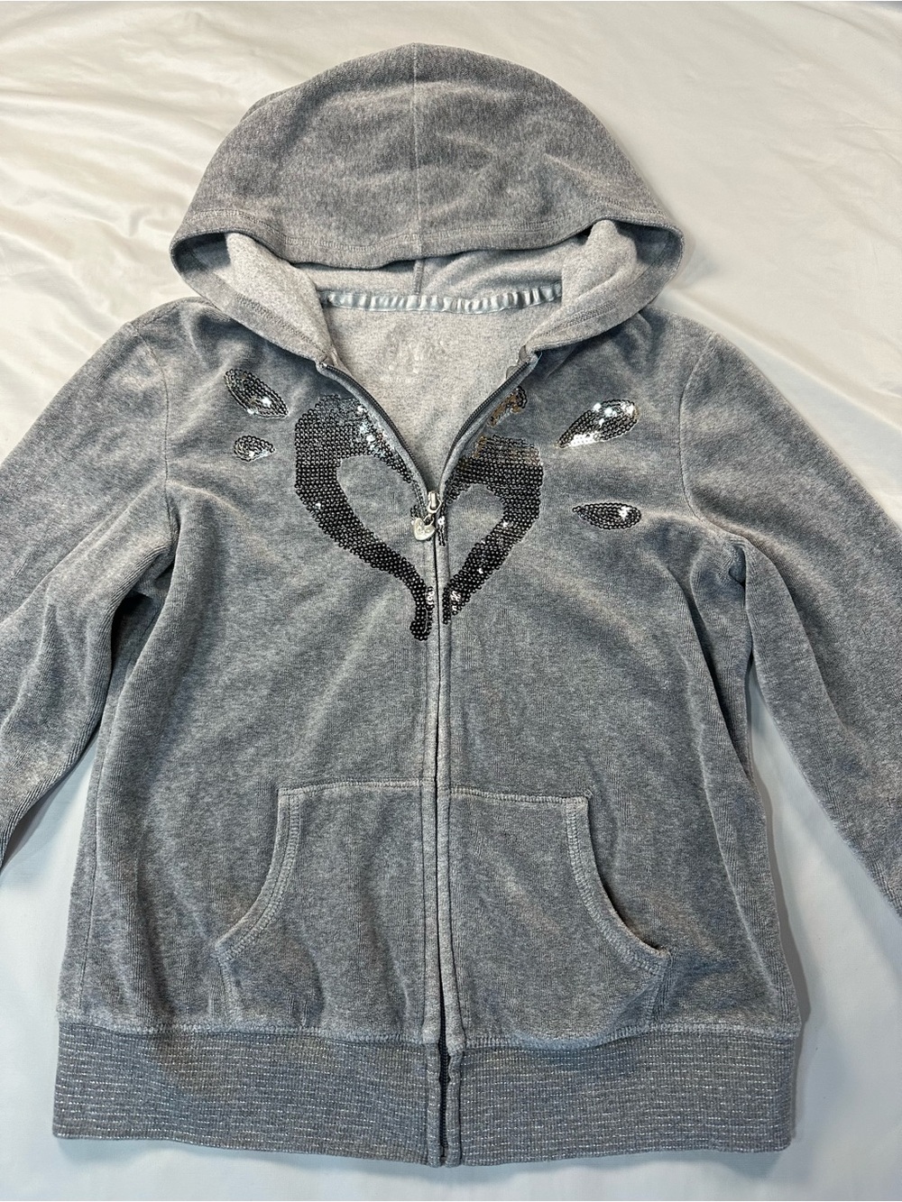 Justice Gray Velour Zip Hoodie with Sequin Heart size 16 girls
